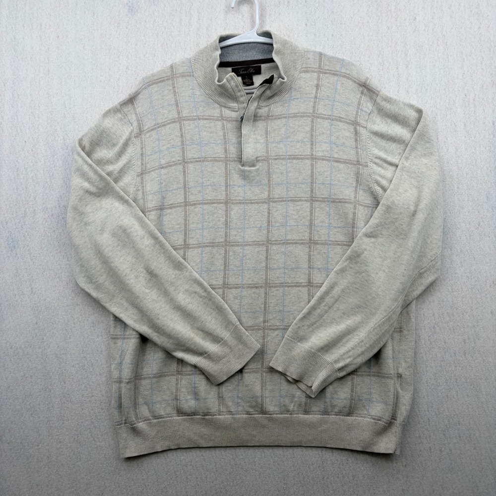 Tasso Elba Mens Large Beige Windowpane Plaid Quarter Zip Cotton Blend Sweater